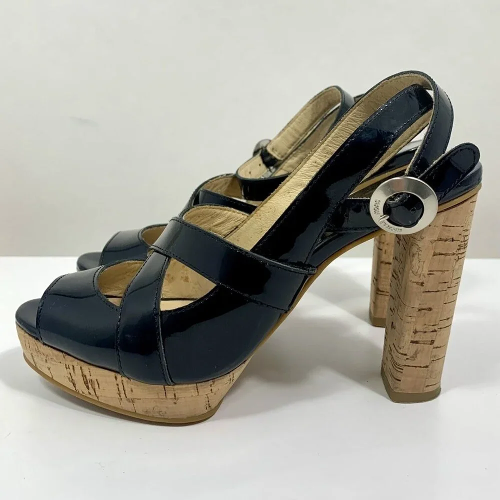 Michael Kors MK Black Patent Leather Strappy Cork Heels Women's Size 6M